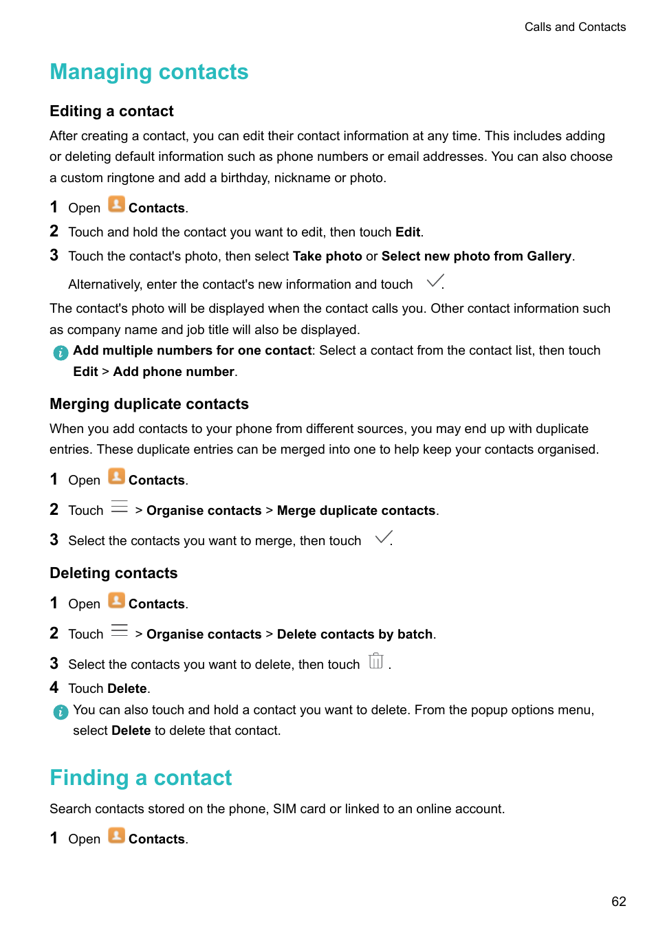 Managing contacts, Editing a contact, Merging duplicate contacts | Deleting contacts, Finding a contact | Honor 8 Pro User Manual | Page 68 / 155