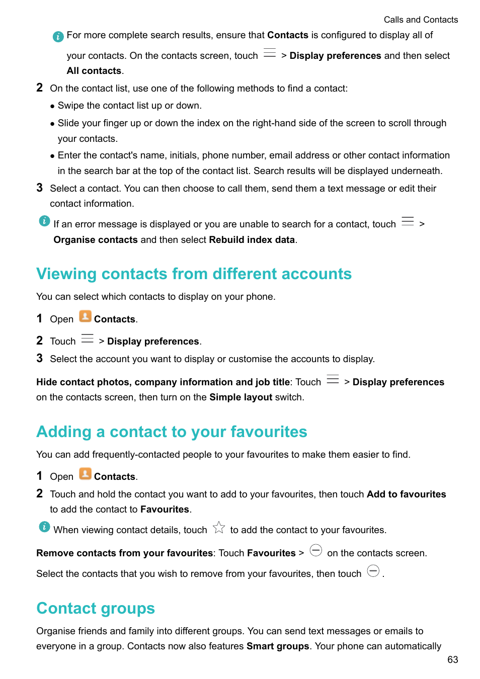 Viewing contacts from different accounts, Adding a contact to your favourites, Contact groups | Honor 8 Pro User Manual | Page 69 / 155