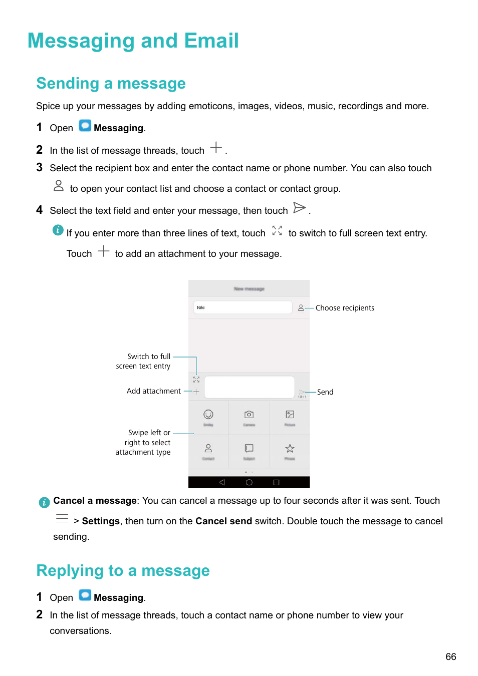 Messaging and email, Sending a message, Replying to a message | Honor 8 Pro User Manual | Page 72 / 155