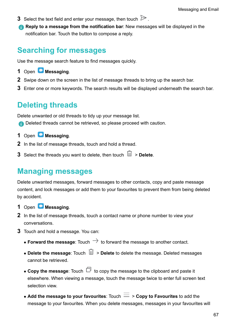 Searching for messages, Deleting threads, Managing messages | Honor 8 Pro User Manual | Page 73 / 155