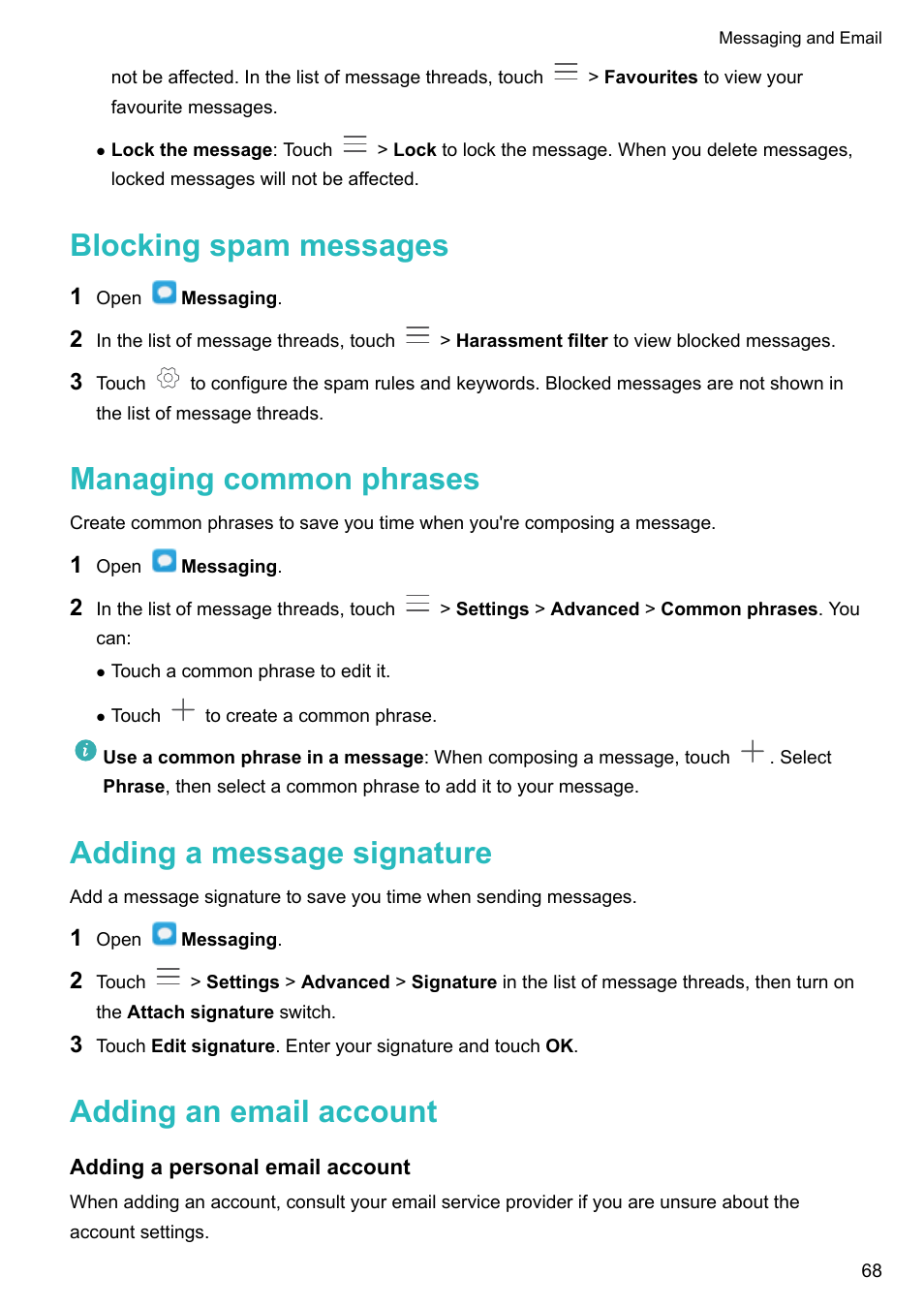 Blocking spam messages, Managing common phrases, Adding a message signature | Adding an email account, Adding a personal email account | Honor 8 Pro User Manual | Page 74 / 155