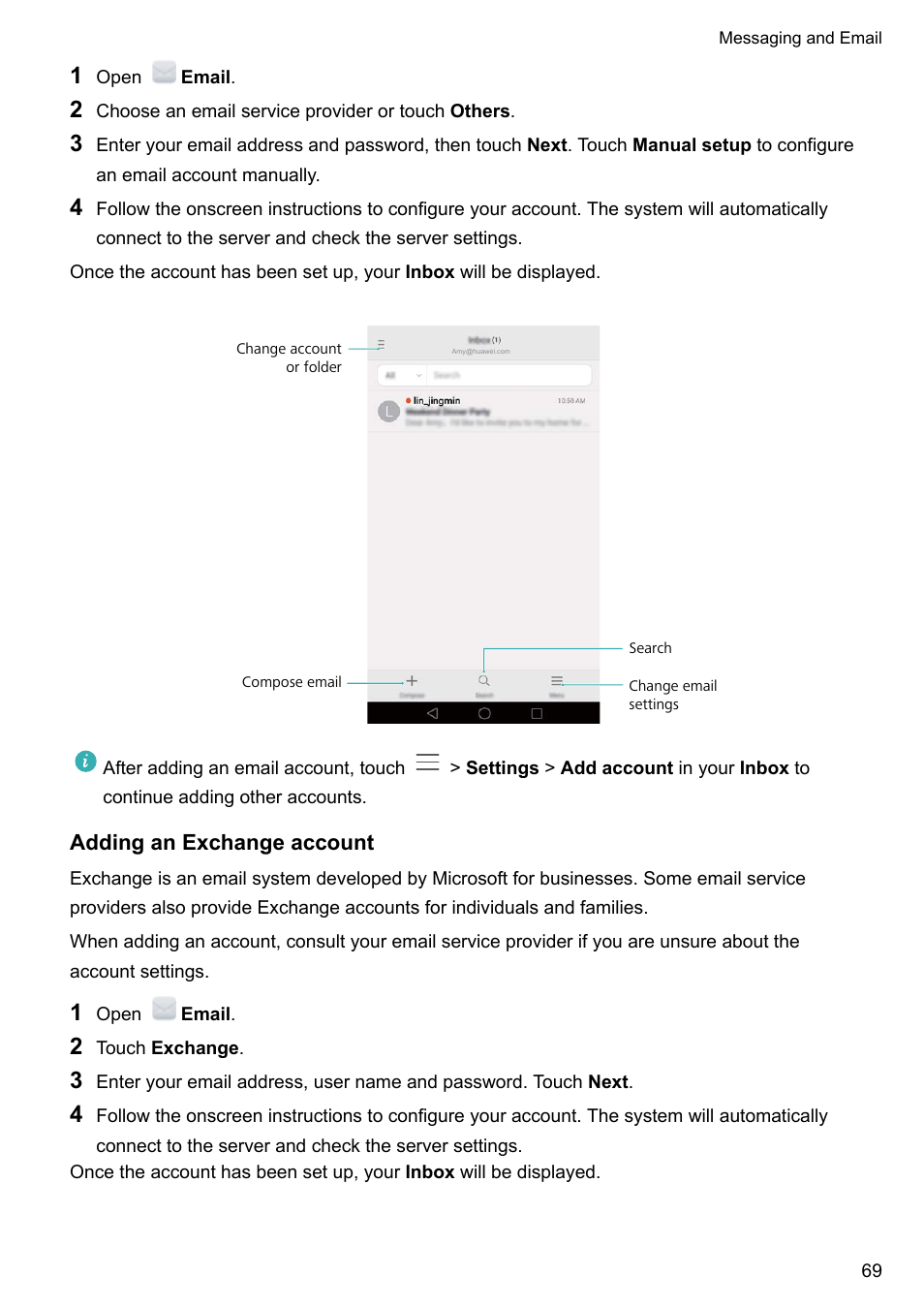 Adding an exchange account | Honor 8 Pro User Manual | Page 75 / 155