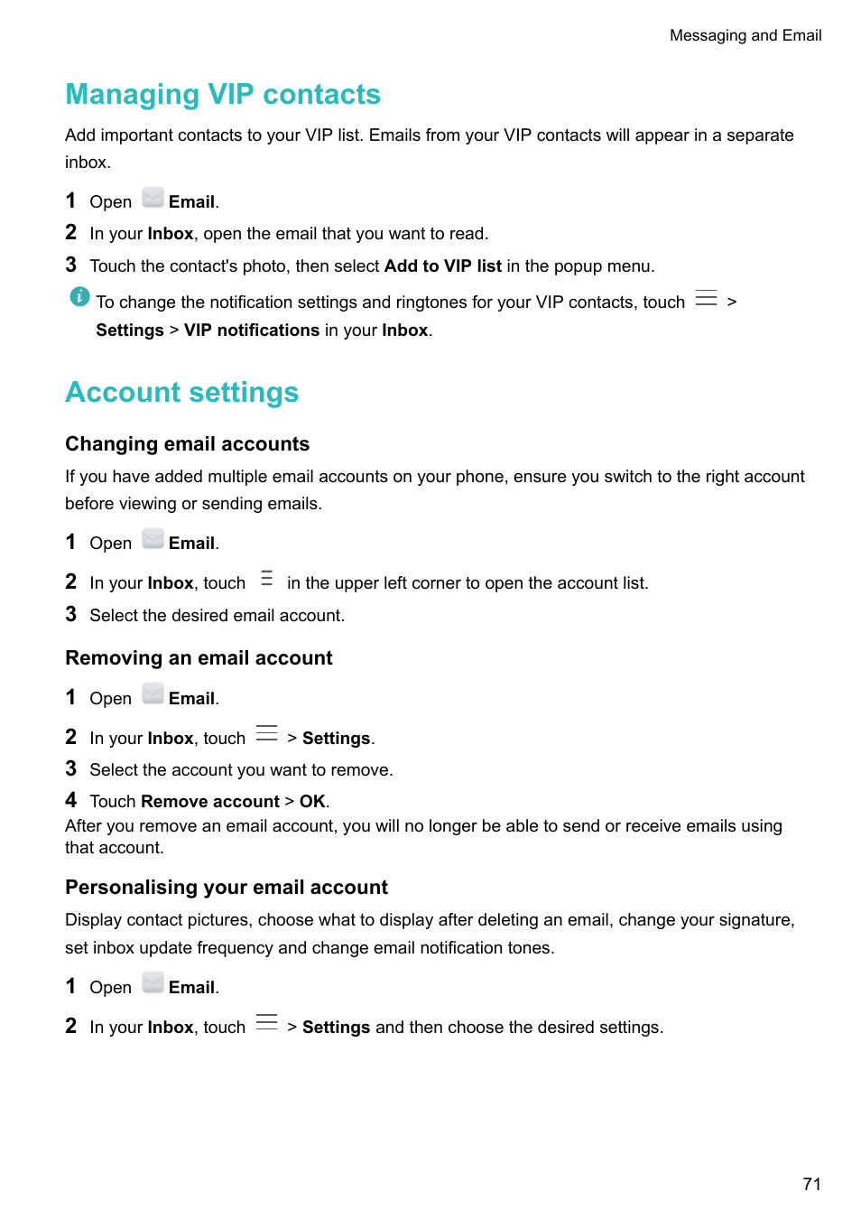 Managing vip contacts, Account settings, Changing email accounts | Removing an email account, Personalising your email account | Honor 8 Pro User Manual | Page 77 / 155