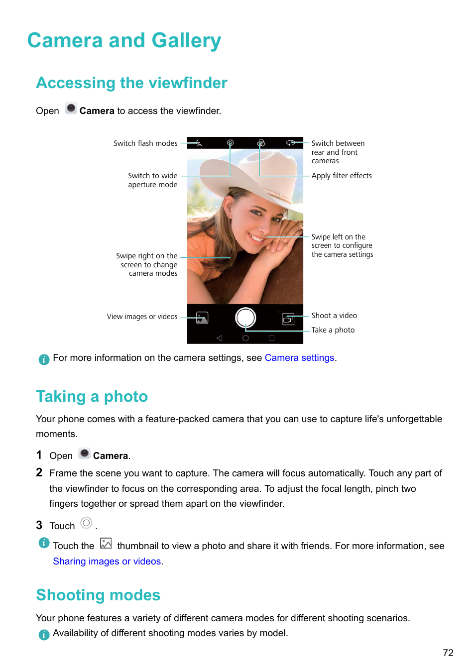 Camera and gallery, Accessing the viewfinder, Taking a photo | Shooting modes | Honor 8 Pro User Manual | Page 78 / 155
