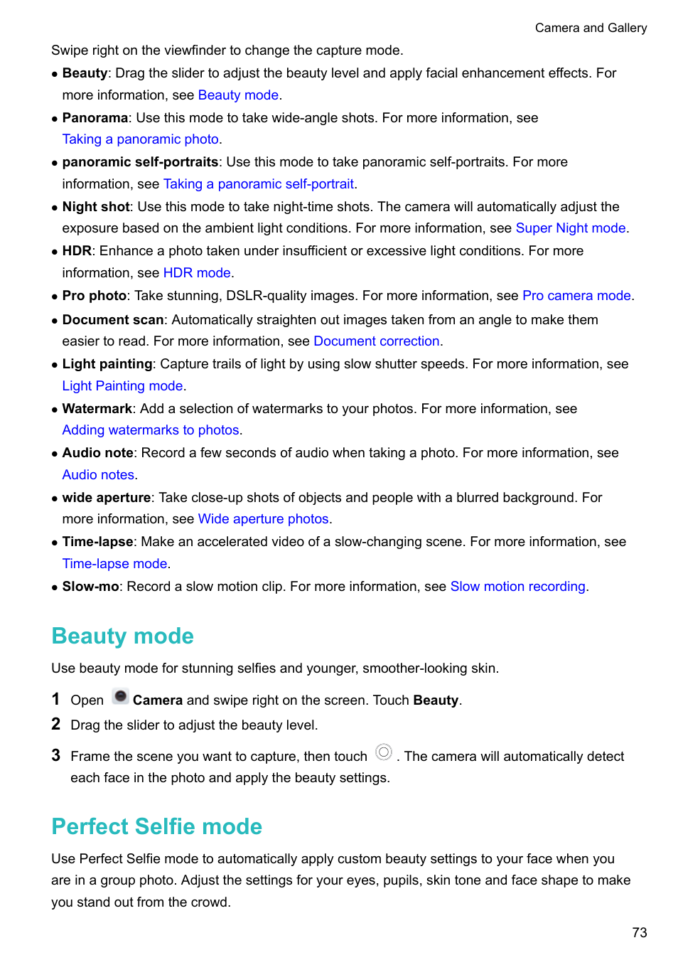 Beauty mode, Perfect selfie mode | Honor 8 Pro User Manual | Page 79 / 155