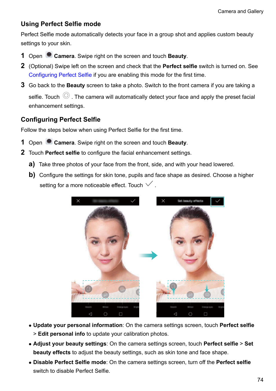Using perfect selfie mode, Configuring perfect selfie | Honor 8 Pro User Manual | Page 80 / 155