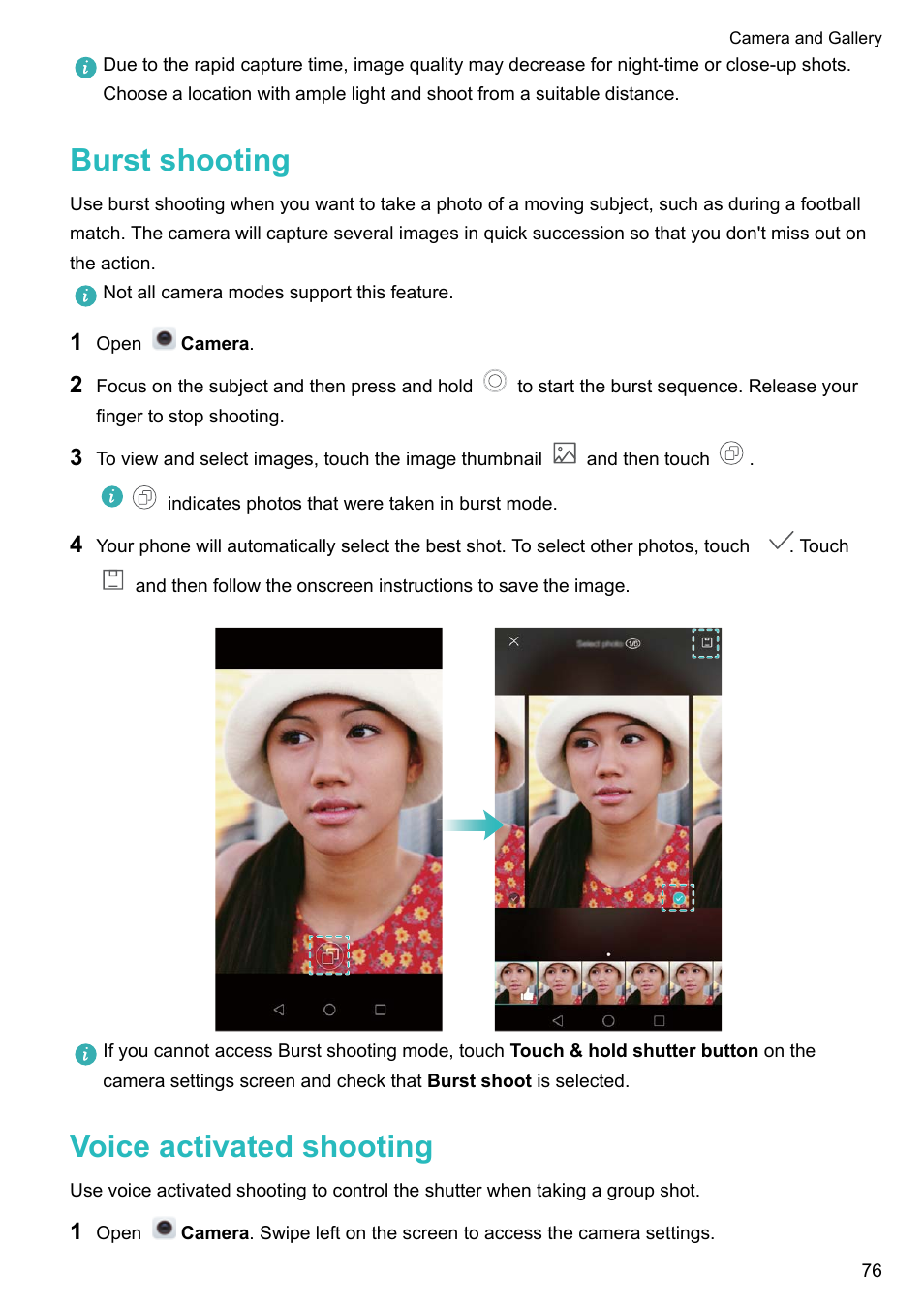 Burst shooting, Voice activated shooting | Honor 8 Pro User Manual | Page 82 / 155