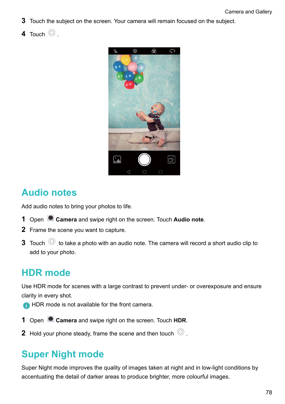 Audio notes, Hdr mode, Super night mode | Honor 8 Pro User Manual | Page 84 / 155