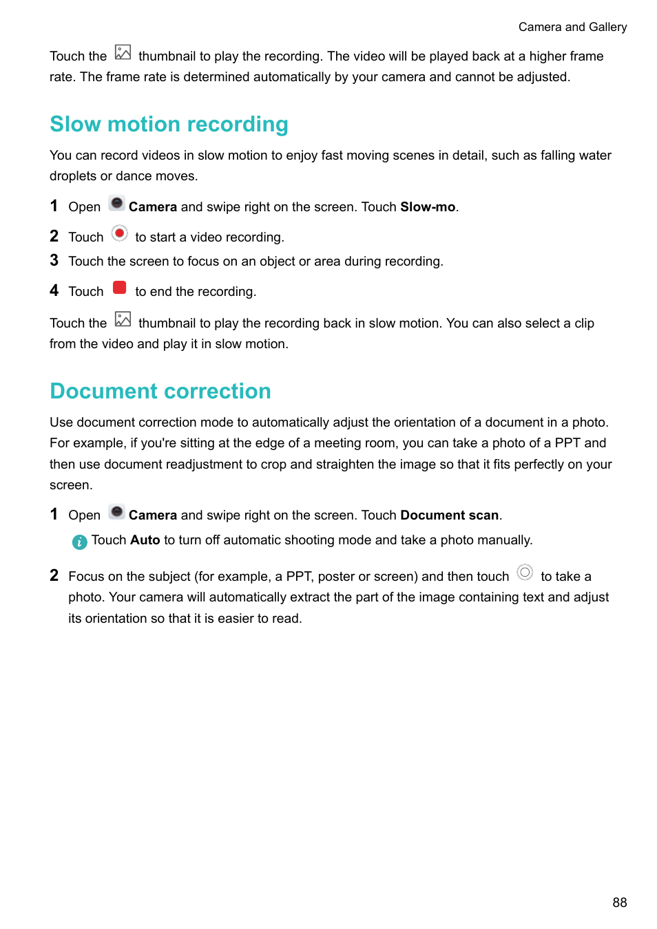 Slow motion recording, Document correction, Easier to read. for more information, see | Honor 8 Pro User Manual | Page 94 / 155