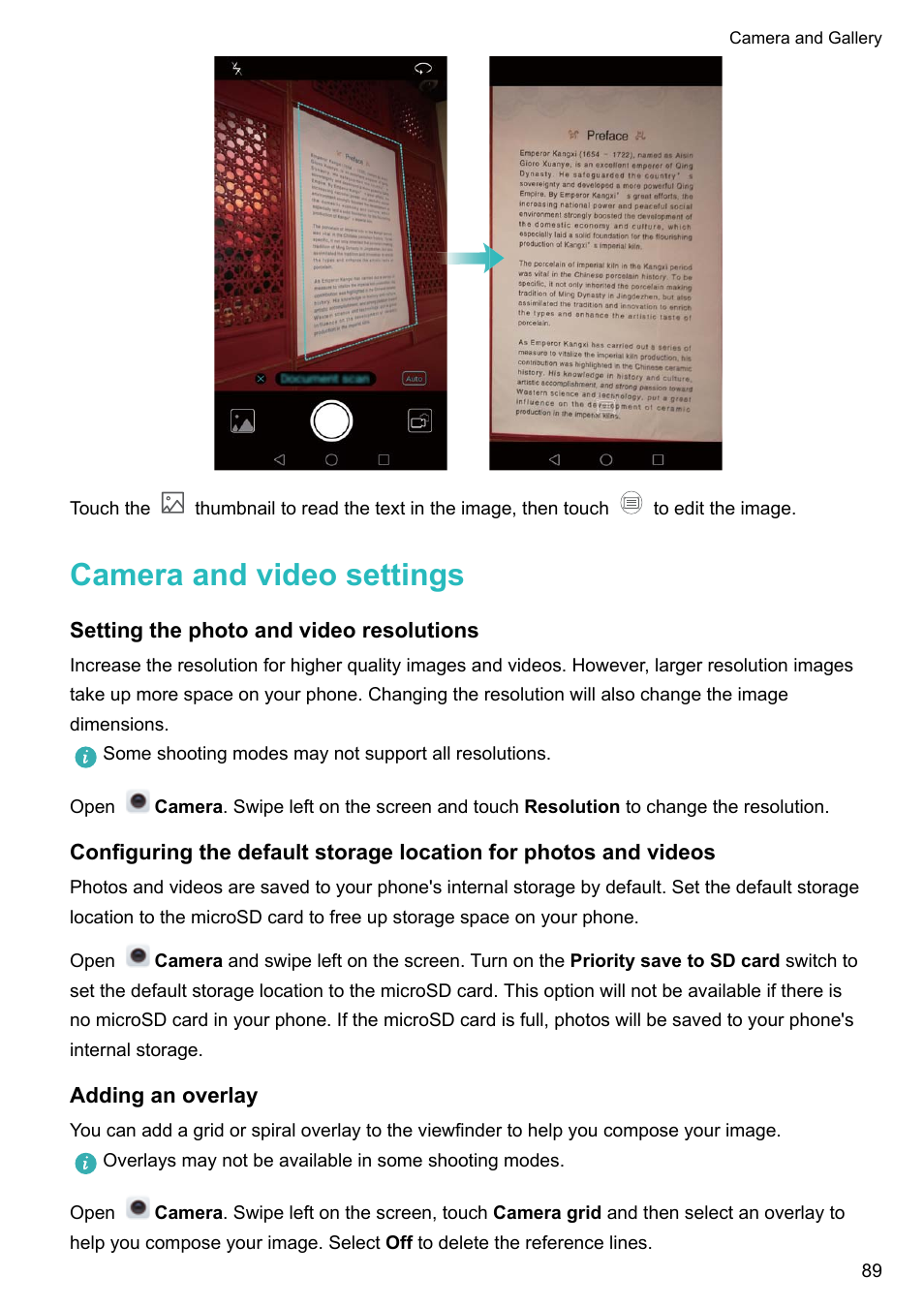 Camera and video settings, Setting the photo and video resolutions, Adding an overlay | Honor 8 Pro User Manual | Page 95 / 155