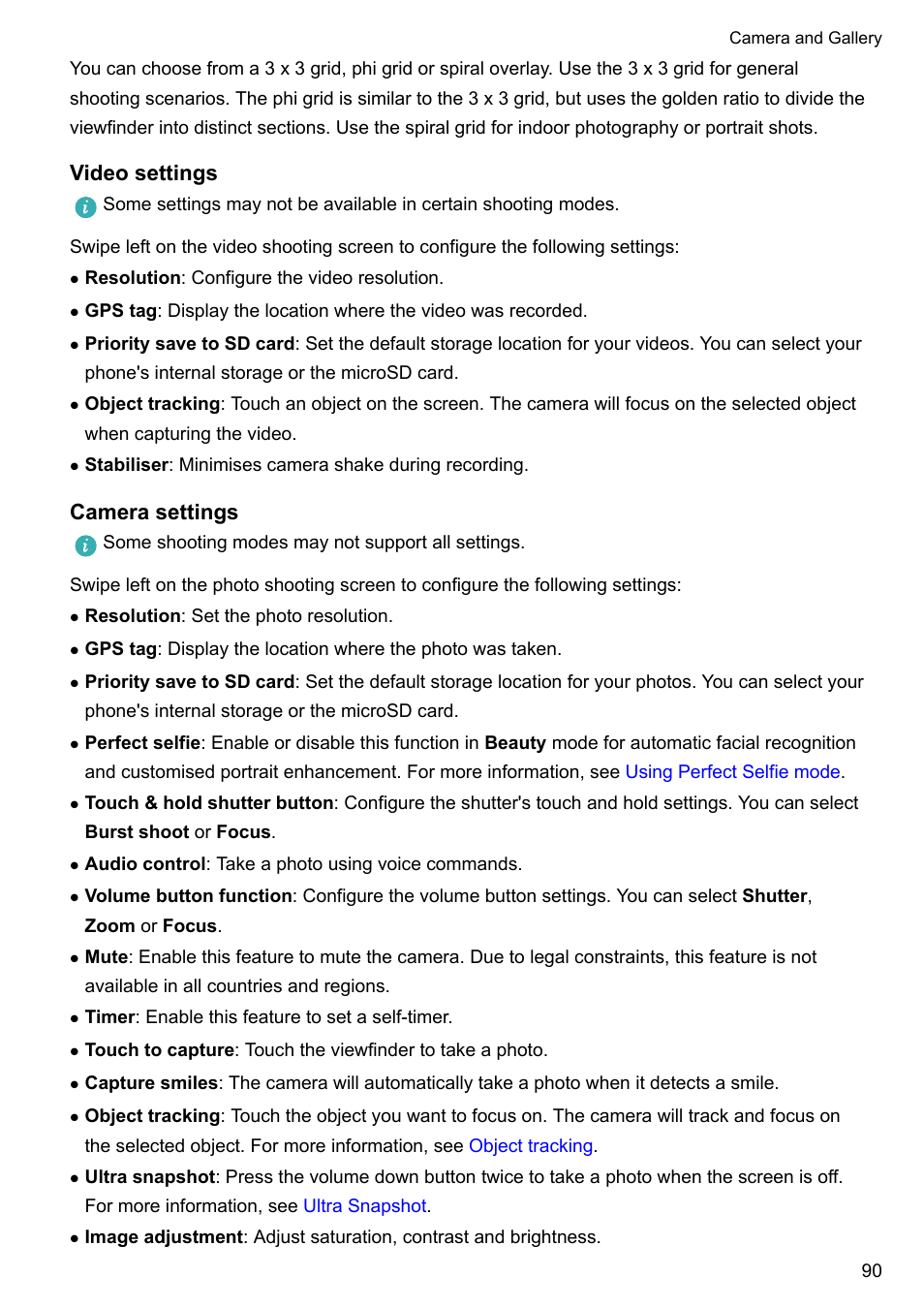 Video settings, Camera settings | Honor 8 Pro User Manual | Page 96 / 155