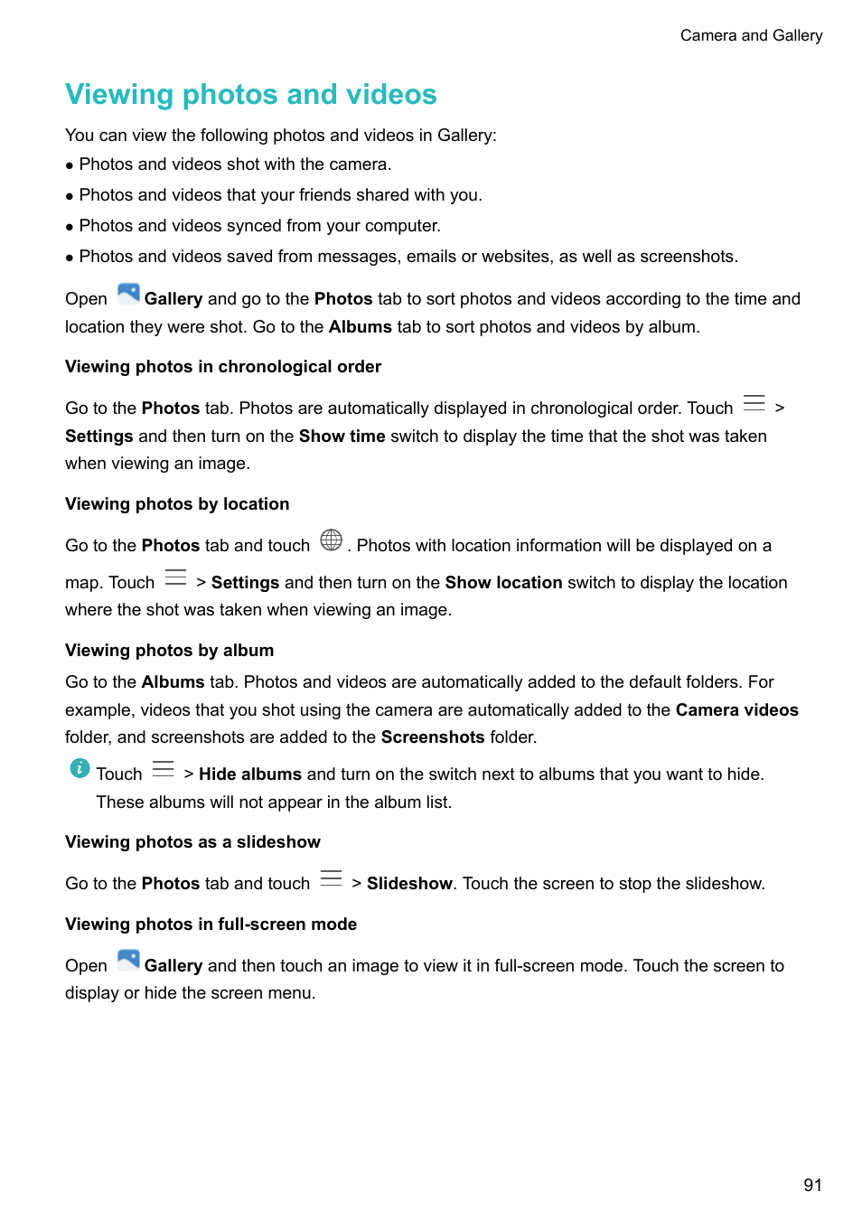 Viewing photos and videos, Viewing photos in chronological order, Viewing photos by location | Viewing photos by album, Viewing photos as a slideshow, Viewing photos in full-screen mode | Honor 8 Pro User Manual | Page 97 / 155