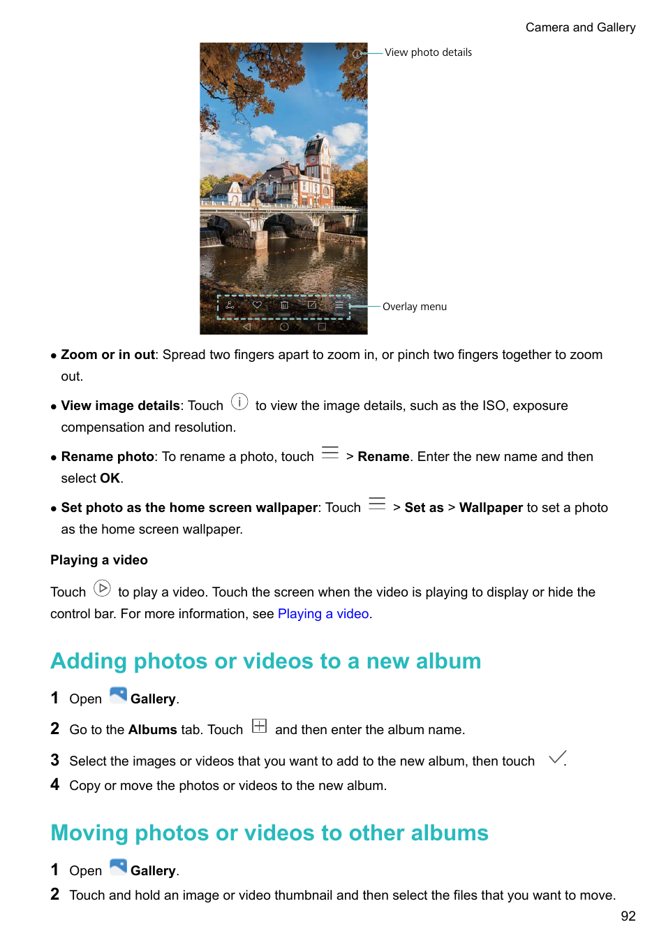 Playing a video, Adding photos or videos to a new album, Moving photos or videos to other albums | Honor 8 Pro User Manual | Page 98 / 155