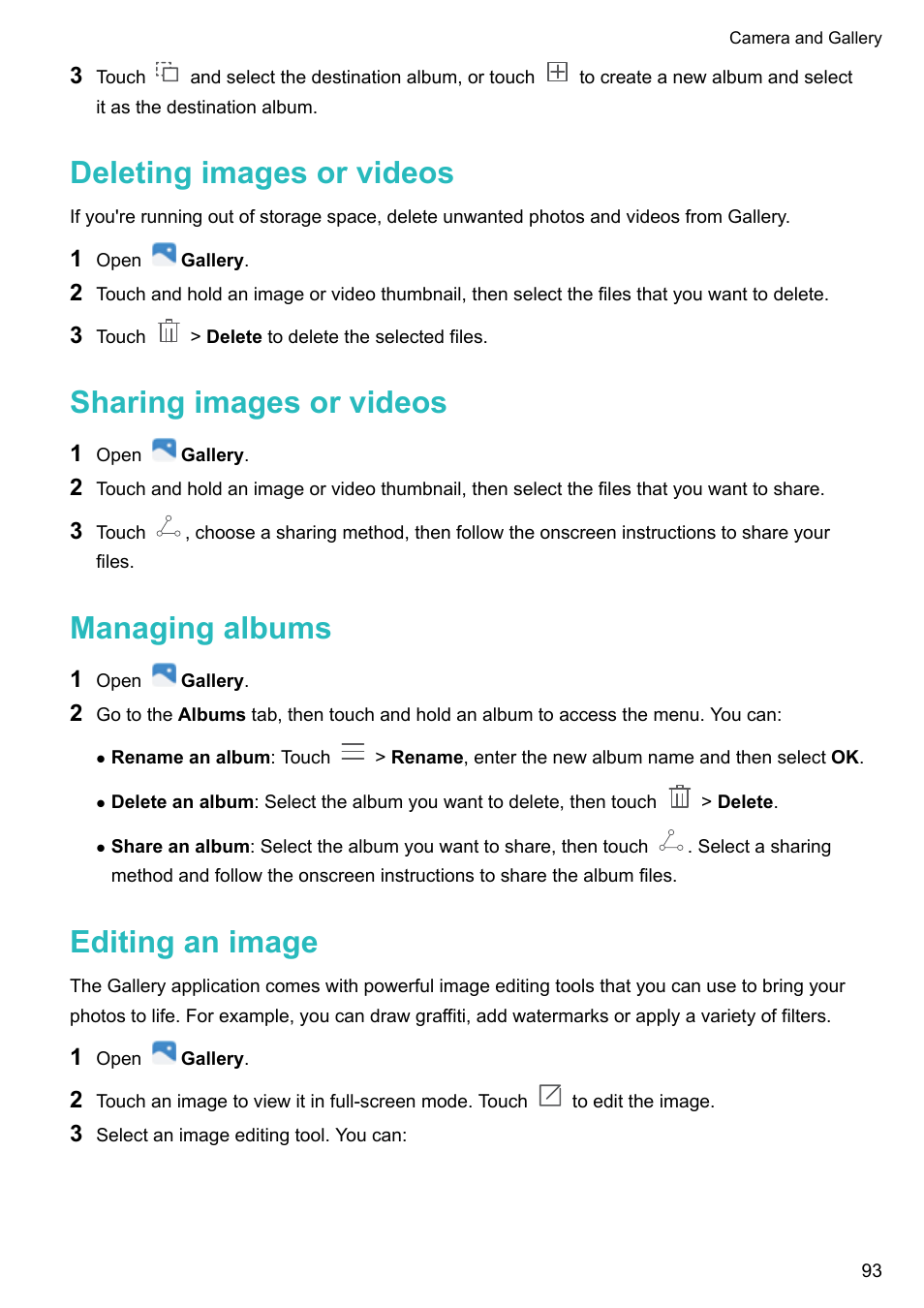 Deleting images or videos, Sharing images or videos, Managing albums | Editing an image | Honor 8 Pro User Manual | Page 99 / 155