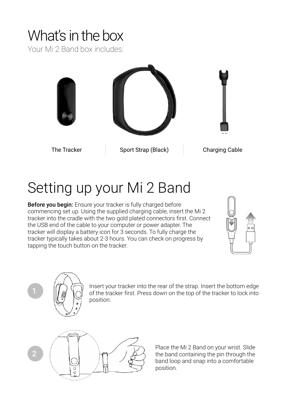 What’s in the box, Setting up your mi 2 band | Xiaomi Mi Band 2 User Manual | Page 2 / 4