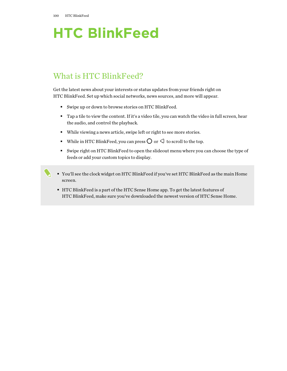 Htc blinkfeed, What is htc blinkfeed | HTC One X10 User Manual | Page 100 / 161