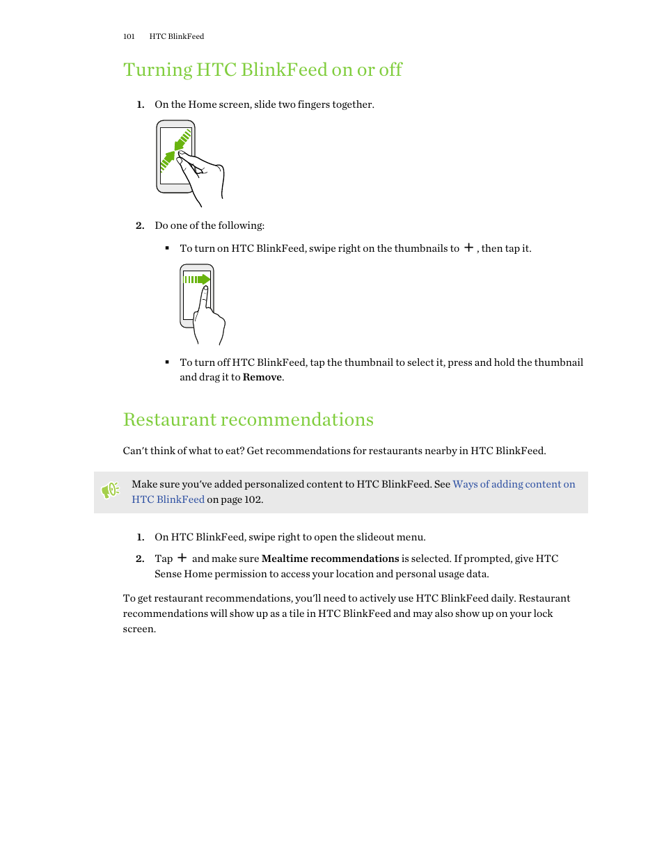 Turning htc blinkfeed on or off, Restaurant recommendations | HTC One X10 User Manual | Page 101 / 161
