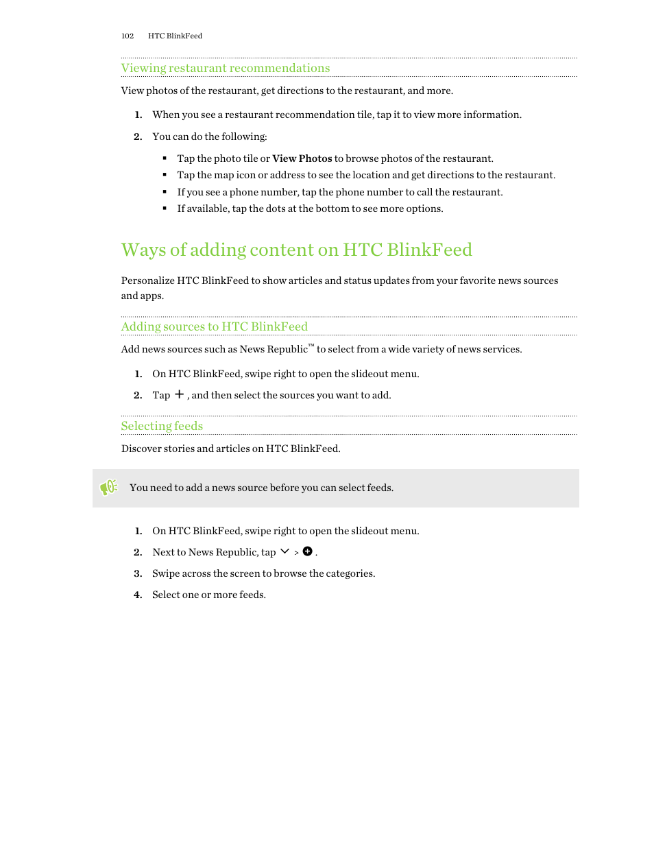 Viewing restaurant recommendations, Ways of adding content on htc blinkfeed, Adding sources to htc blinkfeed | Selecting feeds, Ways of adding content on, Htc blinkfeed | HTC One X10 User Manual | Page 102 / 161