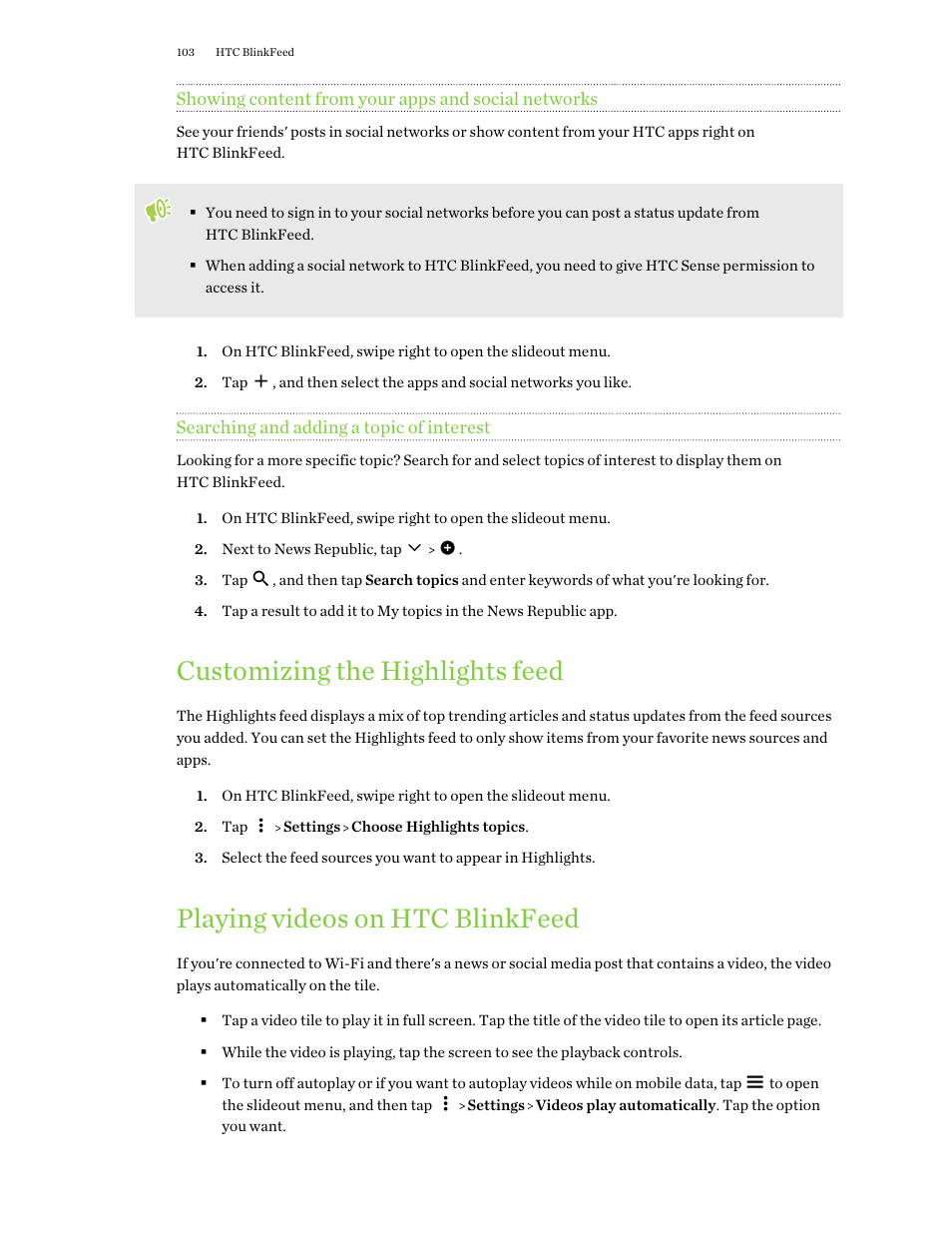 Showing content from your apps and social networks, Searching and adding a topic of interest, Customizing the highlights feed | Playing videos on htc blinkfeed | HTC One X10 User Manual | Page 103 / 161