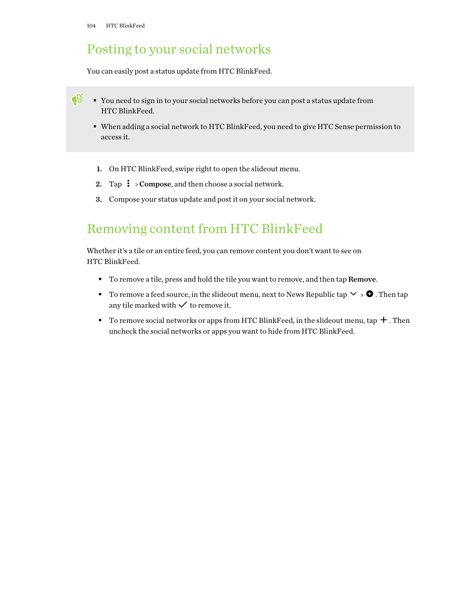 Posting to your social networks, Removing content from htc blinkfeed | HTC One X10 User Manual | Page 104 / 161