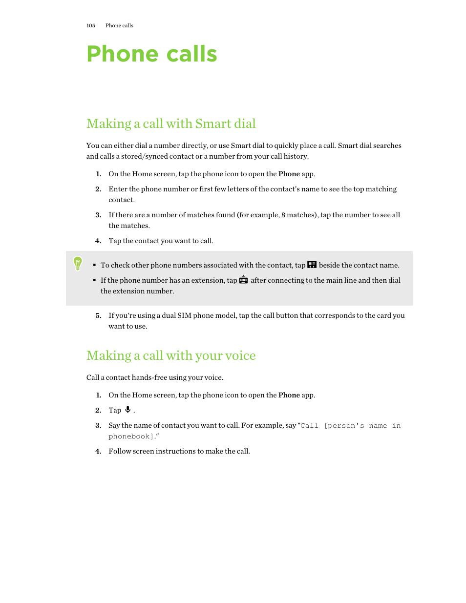 Phone calls, Making a call with smart dial, Making a call with your voice | HTC One X10 User Manual | Page 105 / 161