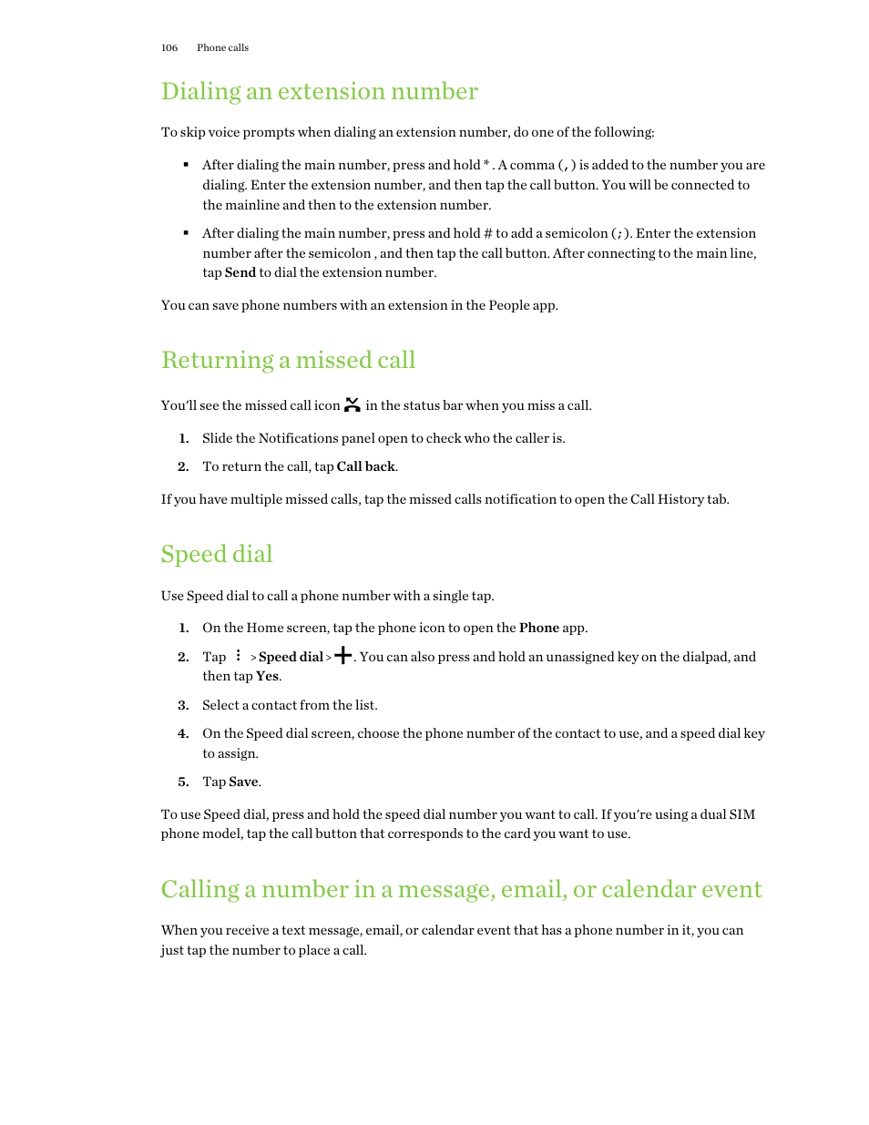 Dialing an extension number, Returning a missed call, Speed dial | HTC One X10 User Manual | Page 106 / 161