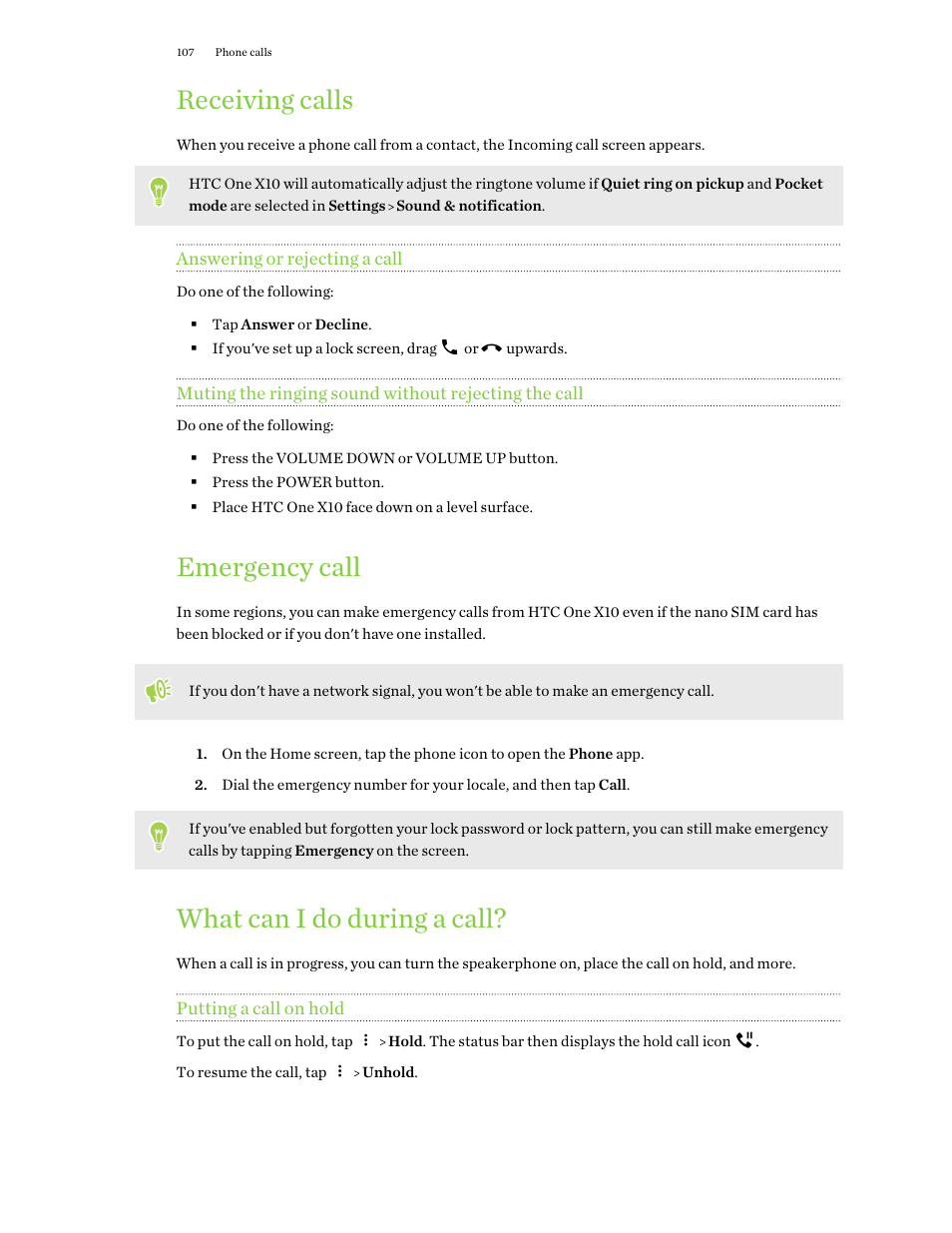 Receiving calls, Answering or rejecting a call, Emergency call | What can i do during a call, Putting a call on hold | HTC One X10 User Manual | Page 107 / 161