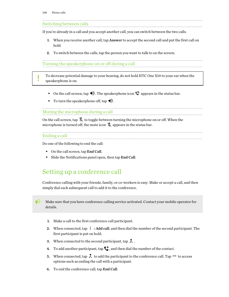 Switching between calls, Turning the speakerphone on or off during a call, Muting the microphone during a call | Ending a call, Setting up a conference call | HTC One X10 User Manual | Page 108 / 161