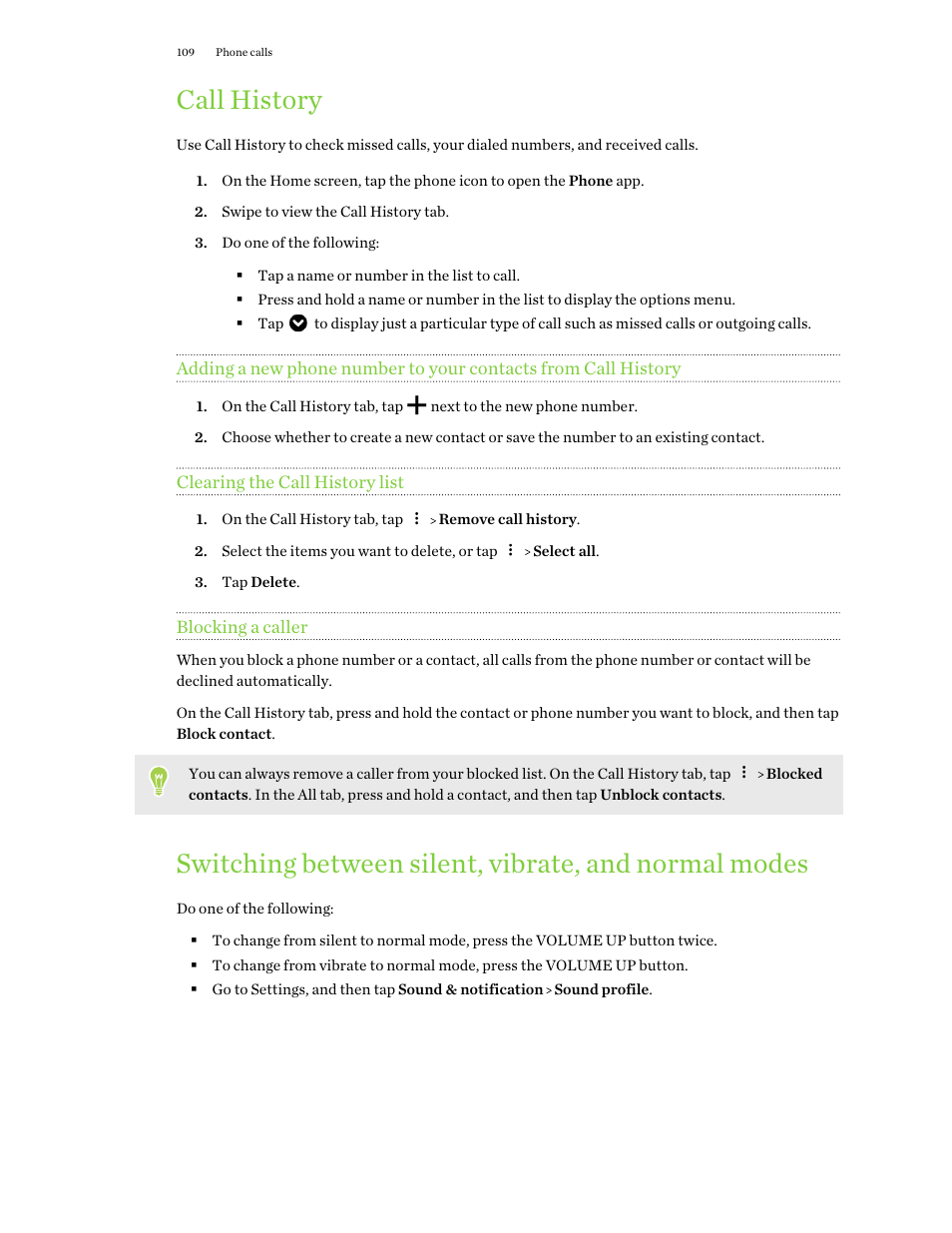 Call history, Clearing the call history list, Blocking a caller | HTC One X10 User Manual | Page 109 / 161