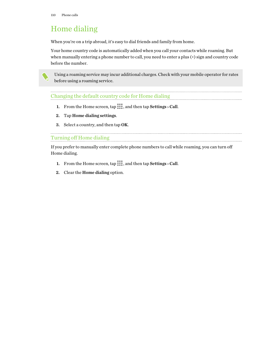 Home dialing, Changing the default country code for home dialing, Turning off home dialing | HTC One X10 User Manual | Page 110 / 161