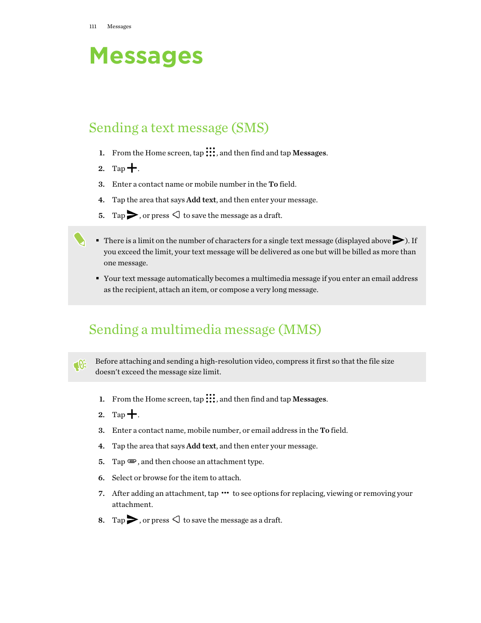 Messages, Sending a text message (sms), Sending a multimedia message (mms) | HTC One X10 User Manual | Page 111 / 161