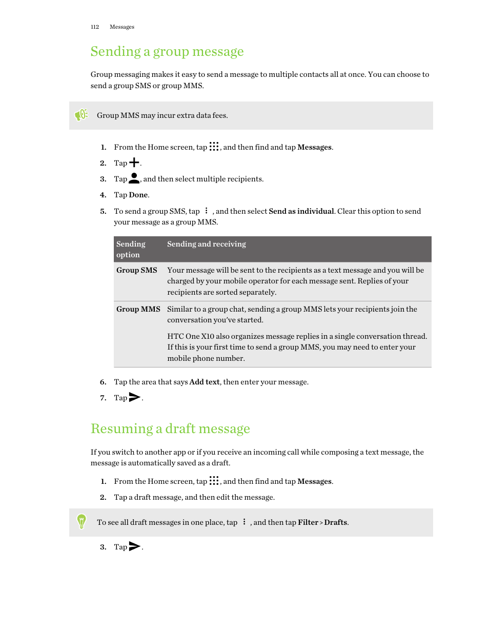 Sending a group message, Resuming a draft message | HTC One X10 User Manual | Page 112 / 161