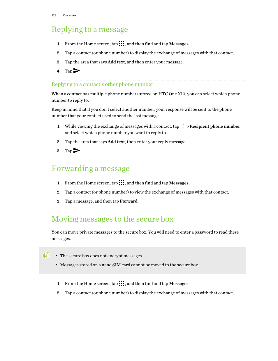 Replying to a message, Replying to a contact's other phone number, Forwarding a message | Moving messages to the secure box | HTC One X10 User Manual | Page 113 / 161