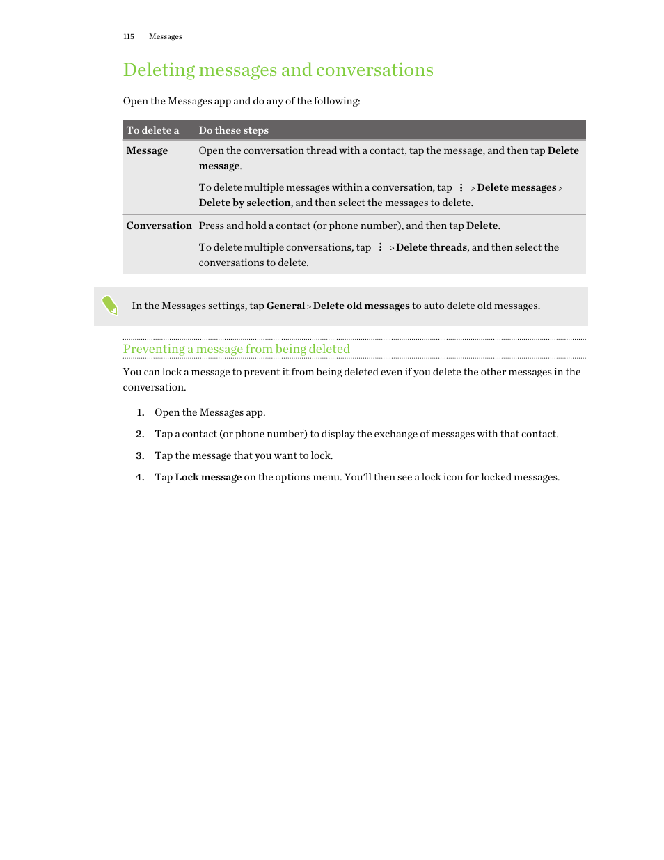 Deleting messages and conversations, Preventing a message from being deleted | HTC One X10 User Manual | Page 115 / 161