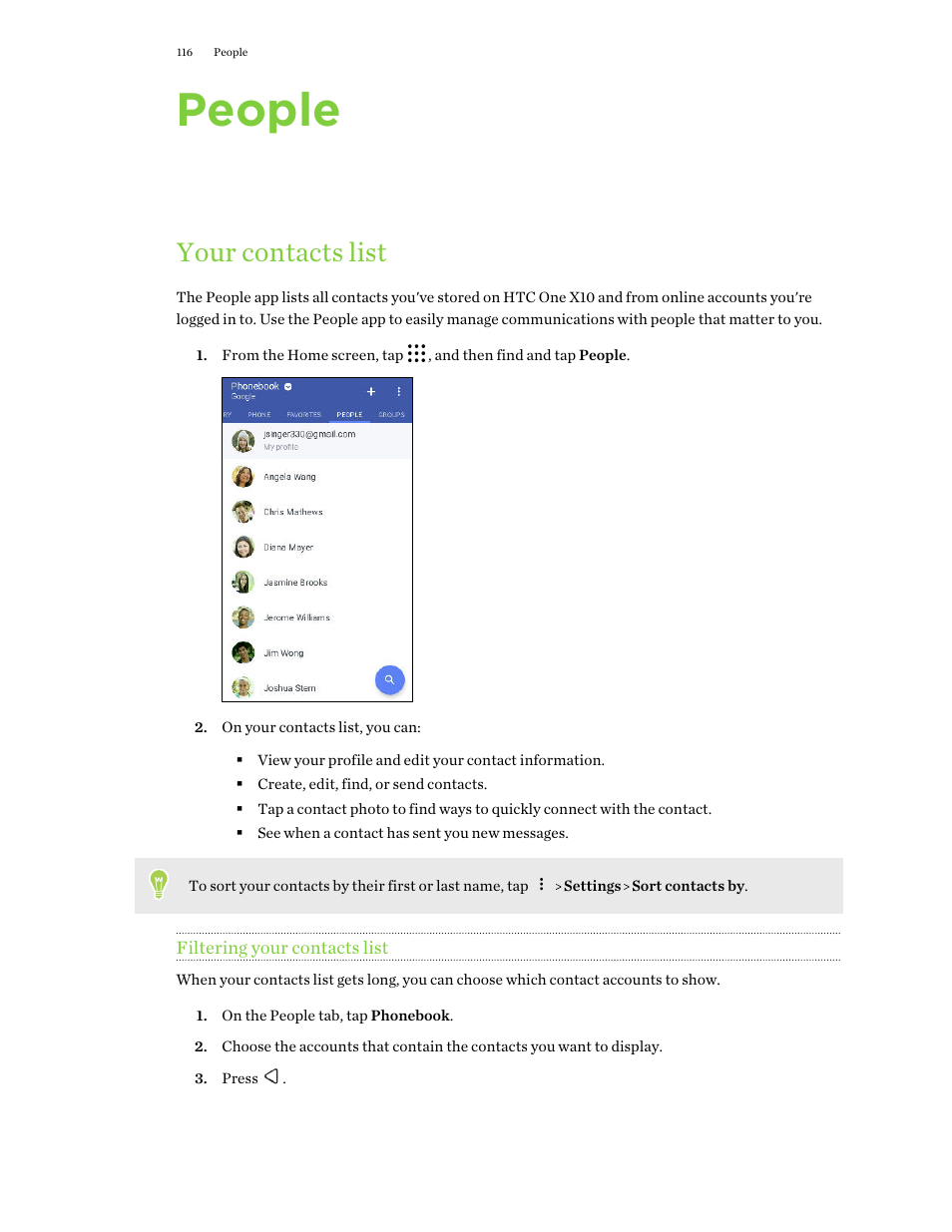 People, Your contacts list, Filtering your contacts list | HTC One X10 User Manual | Page 116 / 161