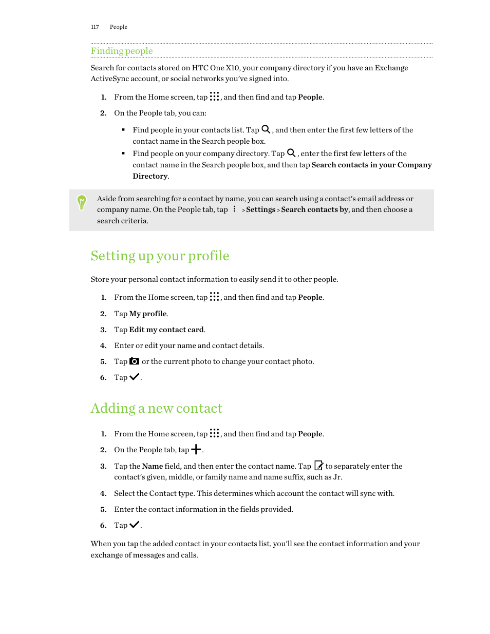 Finding people, Setting up your profile, Adding a new contact | HTC One X10 User Manual | Page 117 / 161