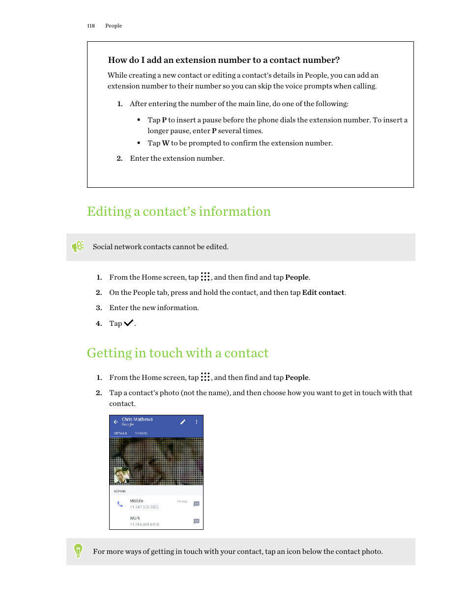 Editing a contact’s information, Getting in touch with a contact | HTC One X10 User Manual | Page 118 / 161