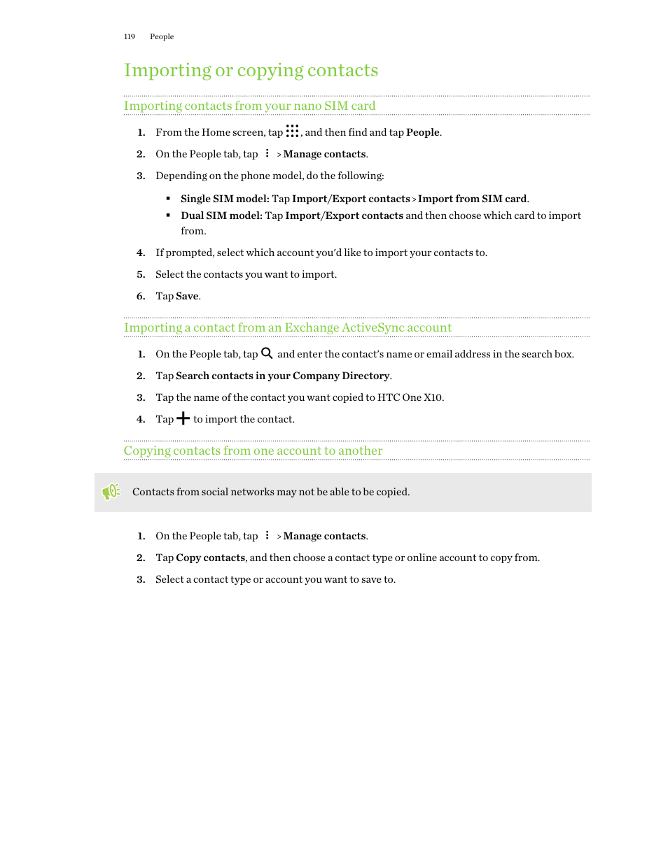 Importing or copying contacts, Importing contacts from your nano sim card, Copying contacts from one account to another | HTC One X10 User Manual | Page 119 / 161