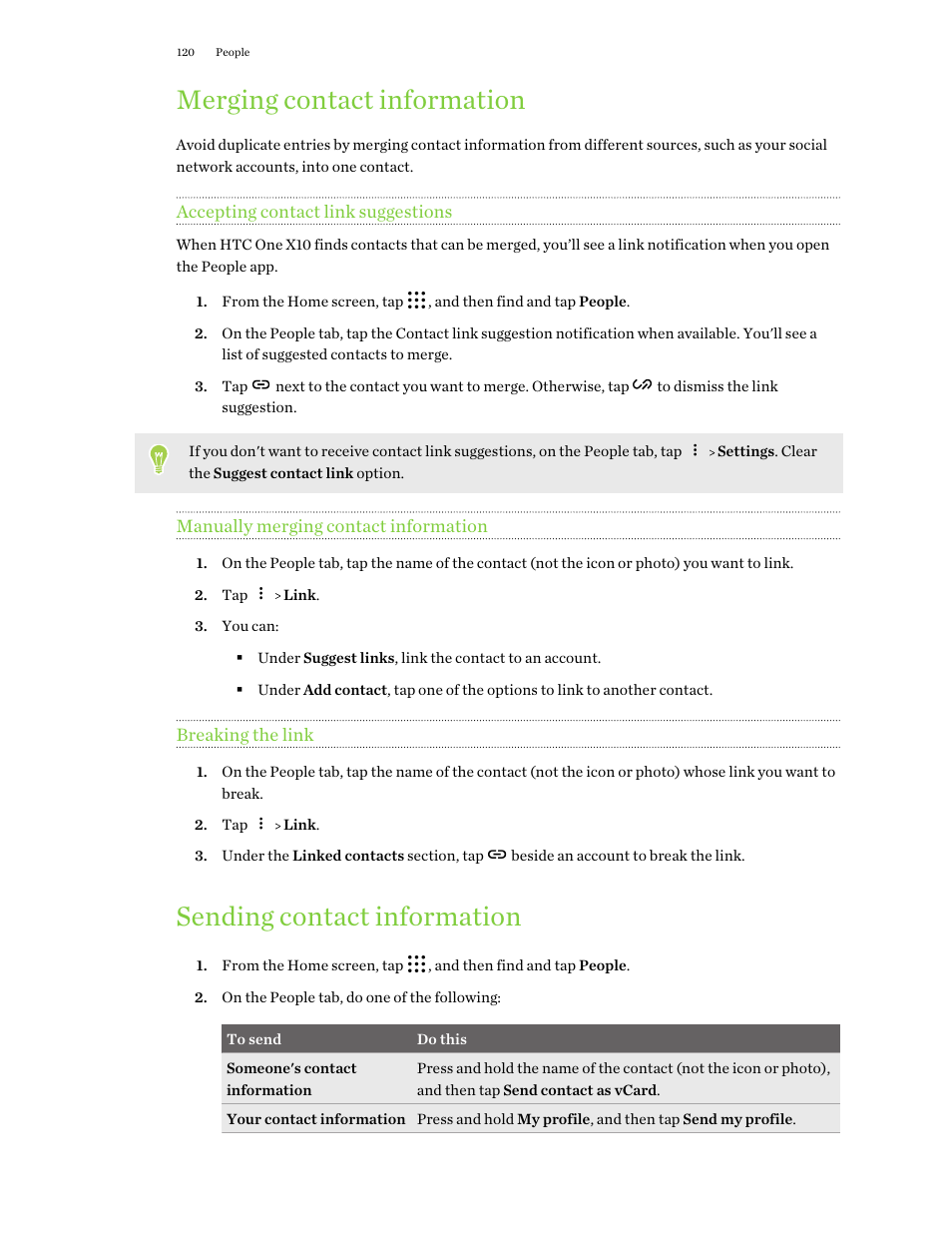 Merging contact information, Accepting contact link suggestions, Manually merging contact information | Breaking the link, Sending contact information | HTC One X10 User Manual | Page 120 / 161