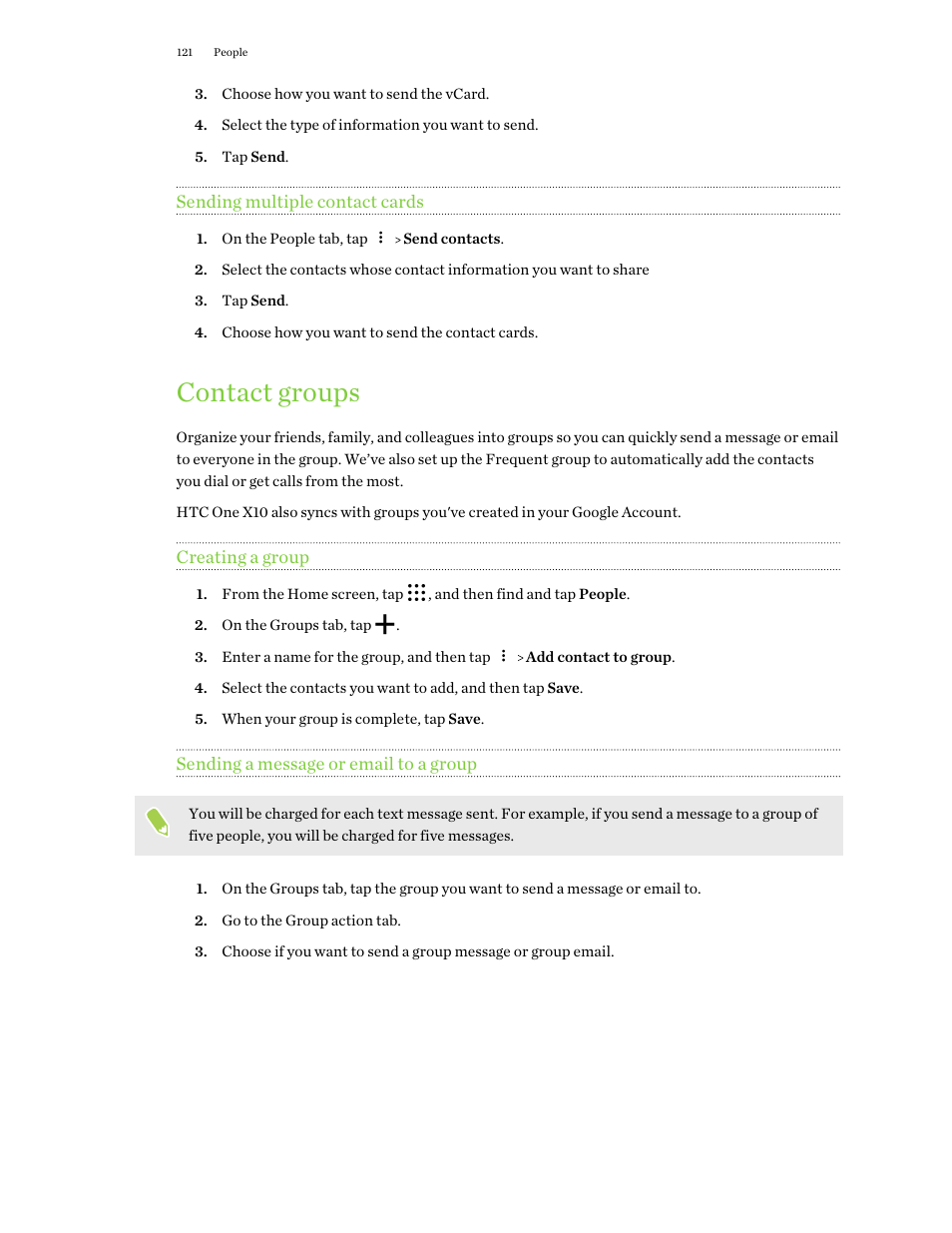Sending multiple contact cards, Contact groups, Creating a group | Sending a message or email to a group | HTC One X10 User Manual | Page 121 / 161