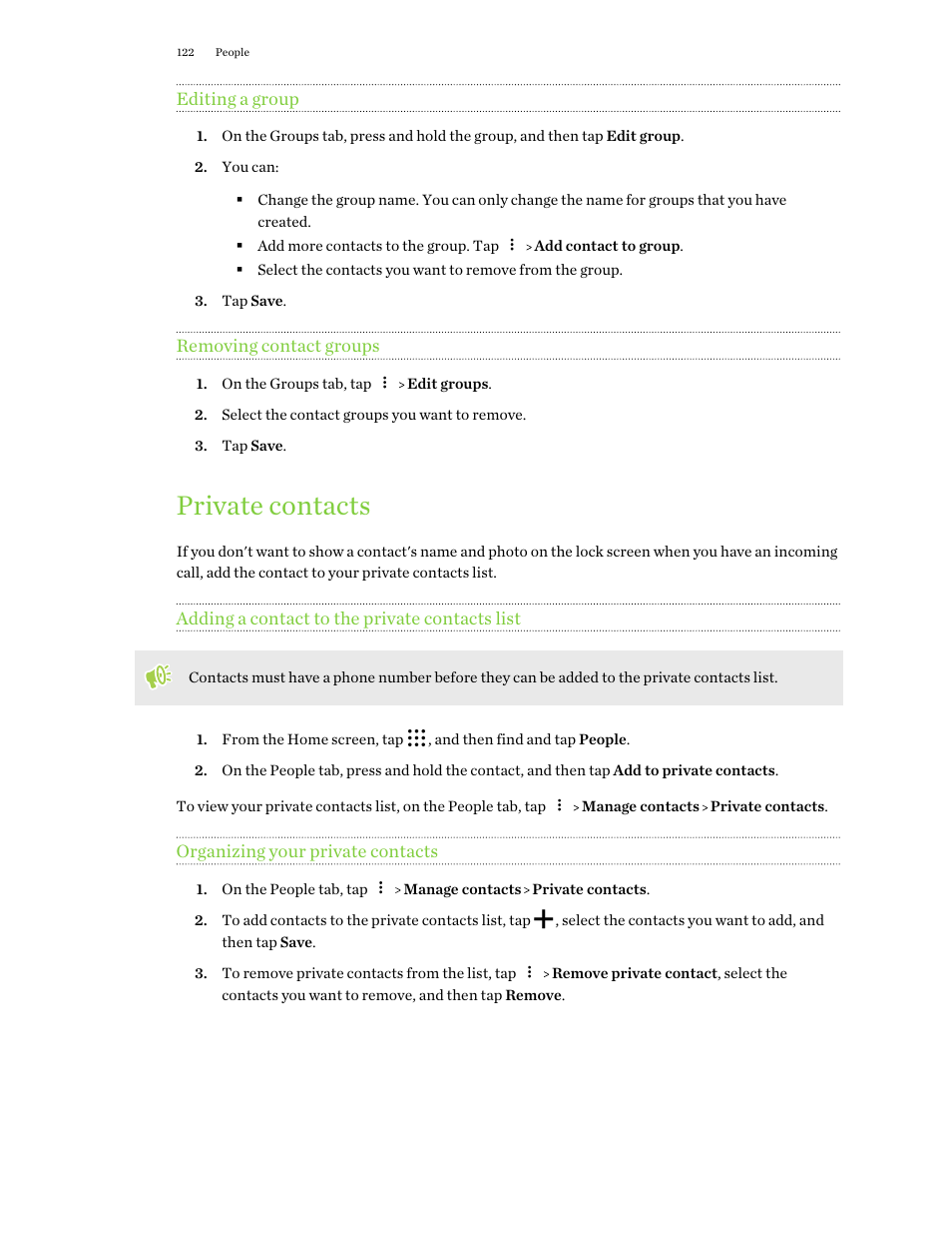 Editing a group, Removing contact groups, Private contacts | Adding a contact to the private contacts list, Organizing your private contacts | HTC One X10 User Manual | Page 122 / 161