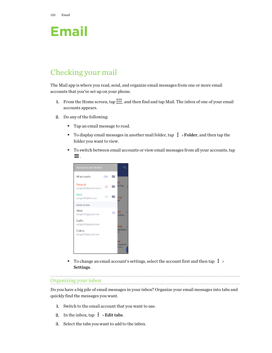 Email, Checking your mail, Organizing your inbox | HTC One X10 User Manual | Page 123 / 161