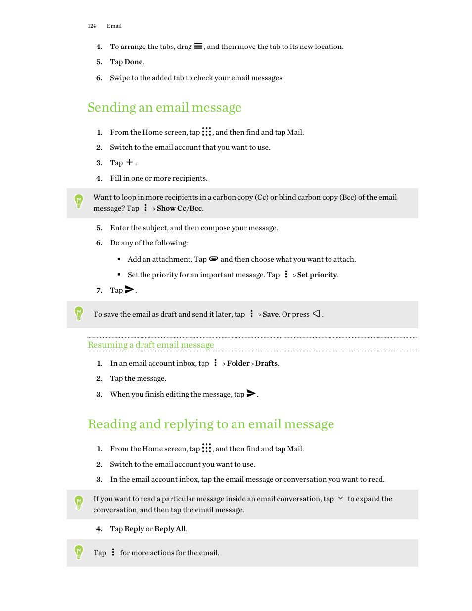 Sending an email message, Resuming a draft email message, Reading and replying to an email message | HTC One X10 User Manual | Page 124 / 161