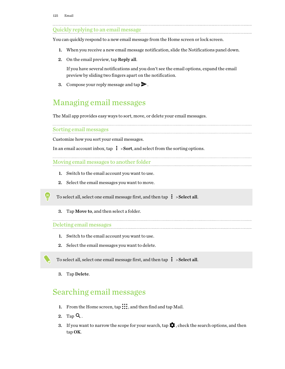 Quickly replying to an email message, Managing email messages, Sorting email messages | Moving email messages to another folder, Deleting email messages, Searching email messages | HTC One X10 User Manual | Page 125 / 161
