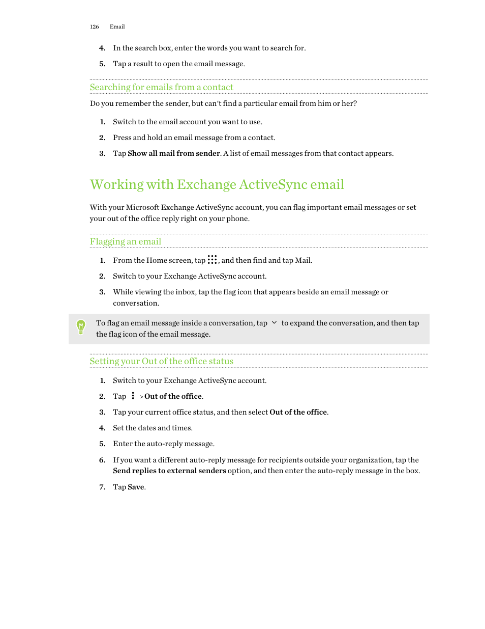 Searching for emails from a contact, Working with exchange activesync email, Flagging an email | Setting your out of the office status | HTC One X10 User Manual | Page 126 / 161