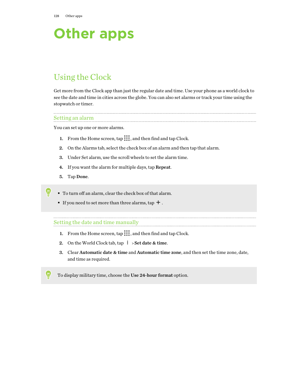 Other apps, Using the clock, Setting an alarm | Setting the date and time manually | HTC One X10 User Manual | Page 128 / 161