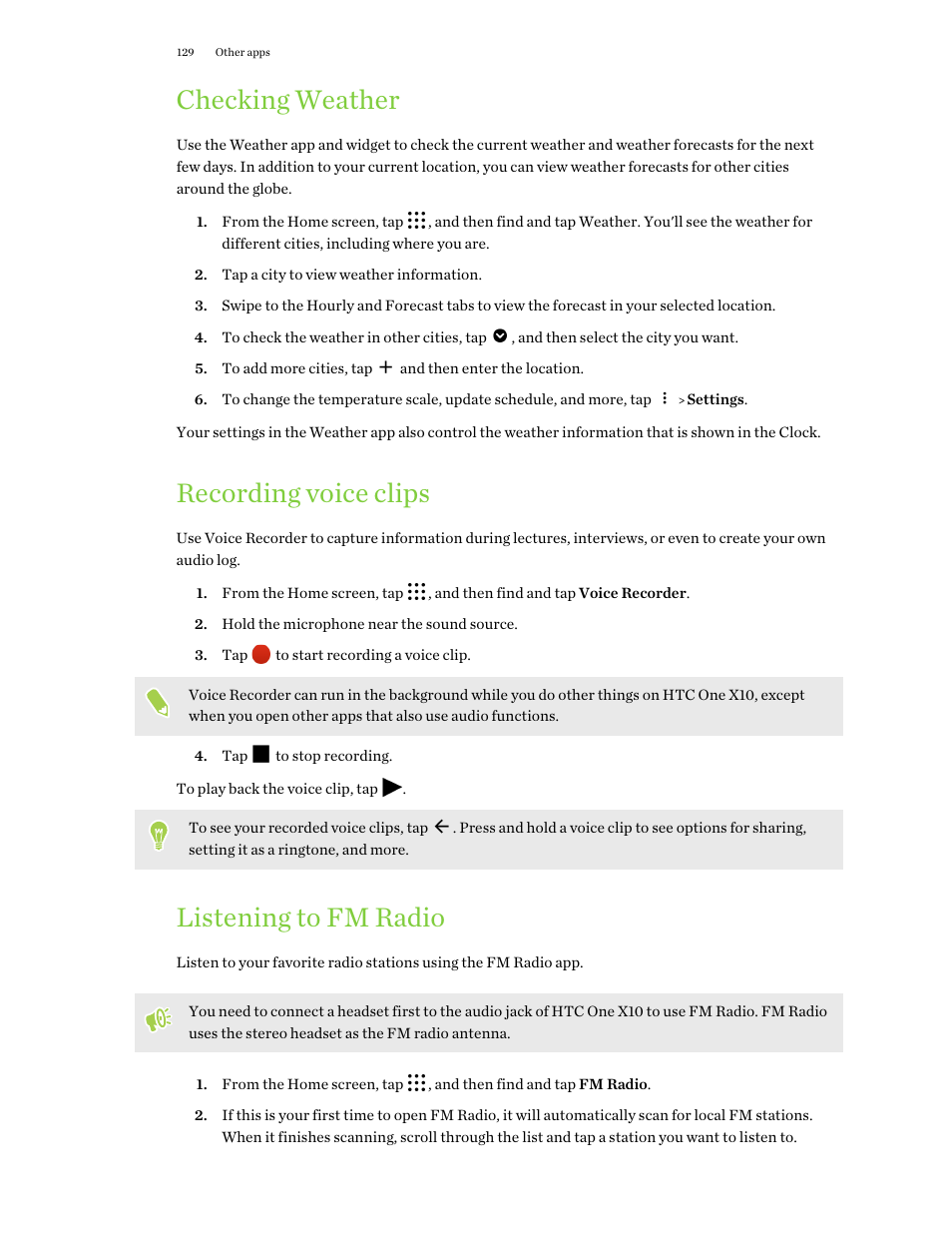 Checking weather, Recording voice clips, Listening to fm radio | HTC One X10 User Manual | Page 129 / 161