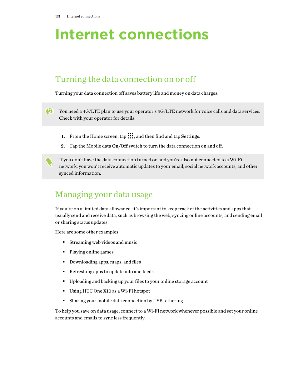 Internet connections, Turning the data connection on or off, Managing your data usage | HTC One X10 User Manual | Page 131 / 161