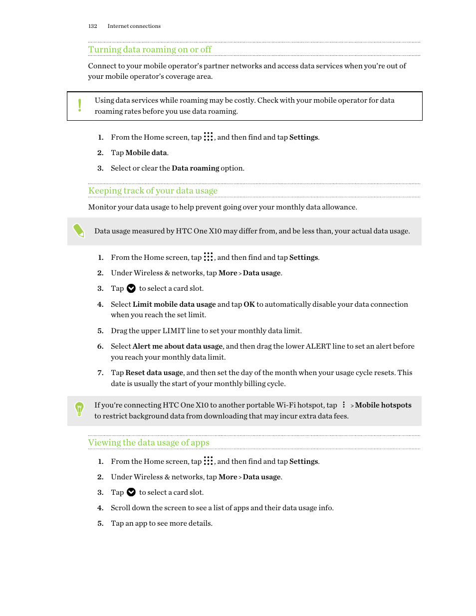 Turning data roaming on or off, Keeping track of your data usage, Viewing the data usage of apps | HTC One X10 User Manual | Page 132 / 161