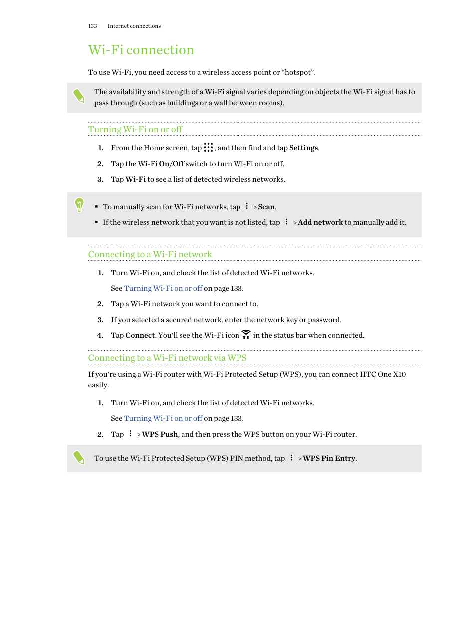 Wi‍-fi connection, Turning wi‍-fi on or off, Connecting to a wi‍-fi network | Connecting to a wi‍-fi network via wps, Wi-fi connection | HTC One X10 User Manual | Page 133 / 161